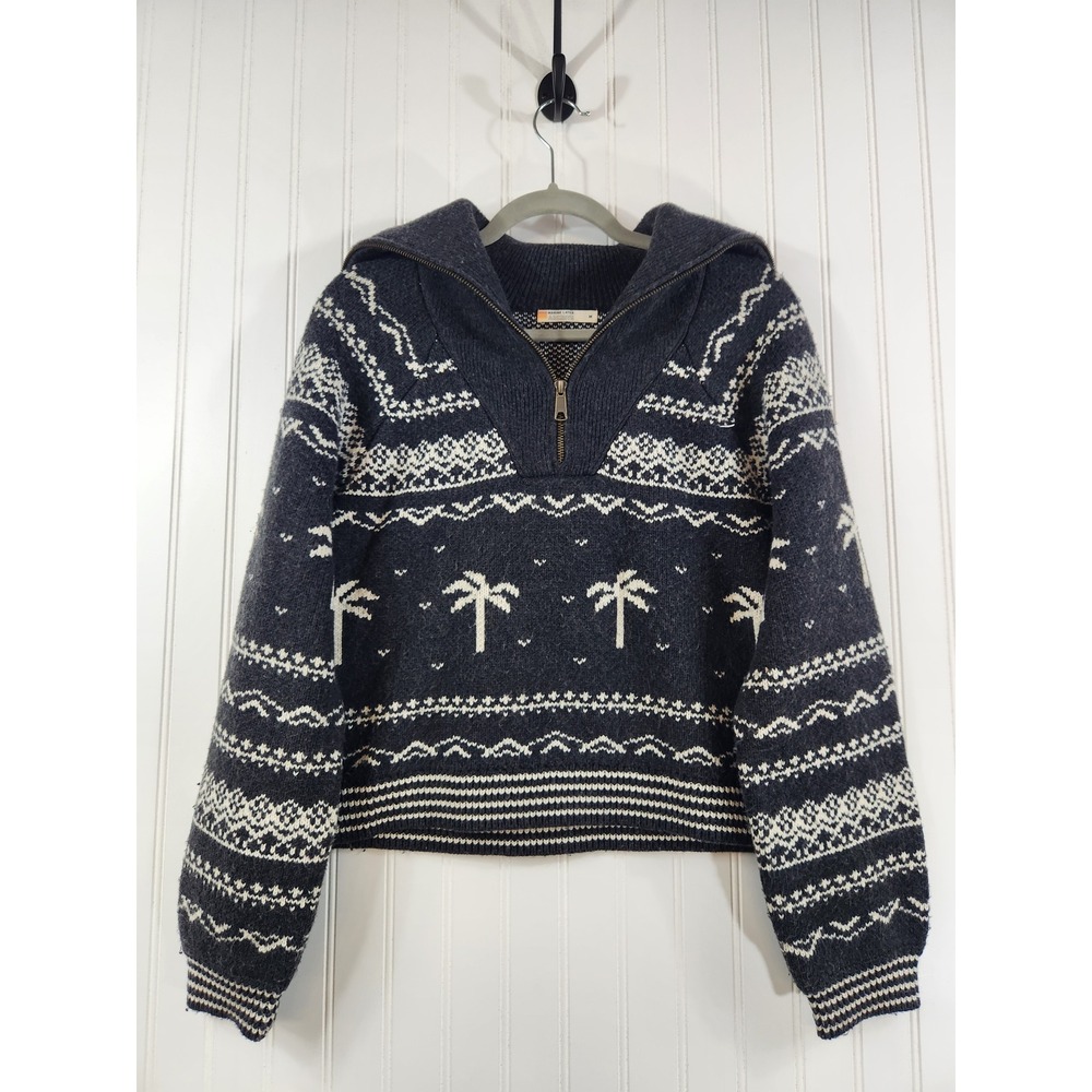 Marine Layer Women Gray Palm Tree Fair Isle Quarter Zip Crop Sweater Size M Y2K